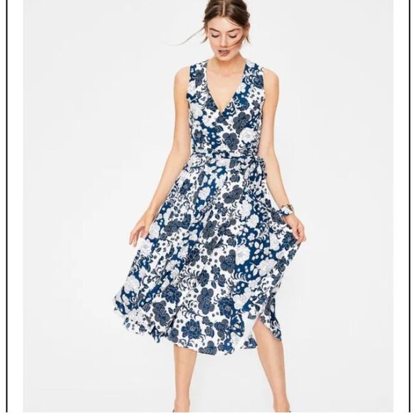Boden 100% Silk Allyson Blue Floral Cottagecore Sleeveless Wrap Midi Dress 12R - Picture 1 of 8